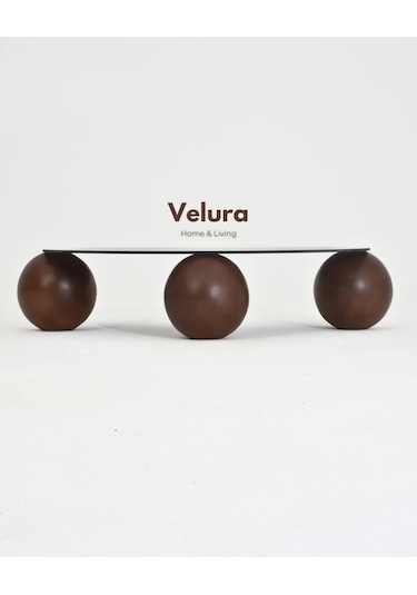 Modern Orta Sehpa & Top Sehpa Cam Sehpa & Küre Orta Sehpa - Koyu Ceviz Top - Fasulye - Füme Cam Ceviz