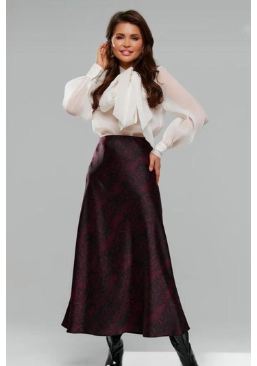 Madmext Bordo Desenli Saten Kadın Uzun Etek Mg2333 Bordo