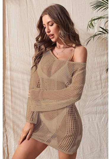 Angelsin Örme Pamuk Uzun Kollu Pareo Plaj Elbisesi Kimono Kaftan Siyah