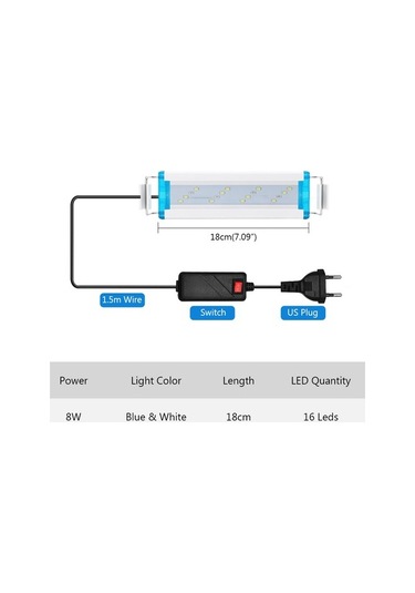 Silkroadselect 18cm Ab Fiş Stili Akvaryum Led Işık Balık Tankı Sucul Bitki Yetiştirme Aydınlatma Su Geçirmez Parlak Kelepçe Lamba Mavi Beyaz Led Cm Abd Ab Beyaz