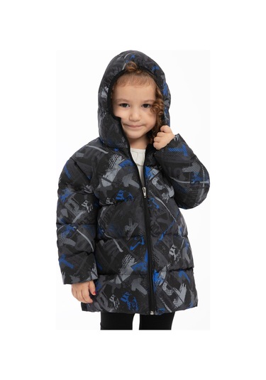 Kız Çocuk Saks Antrasit Dijital Desen İçi Polar Su Ve Rüzgar Geçirmez Kapüşonlu Şişme Kışlık Mont Antrasit - Saks Mavi