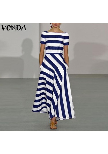 Vonda Kadın Yaz Yuvarlak Yaka Raglan Kısa Kollu Cep Çizgili Bol Uzun Elbise Koyu Mavi