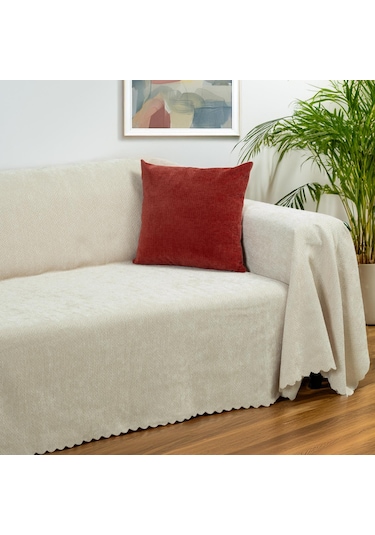 Jakarlı Şönil Koltuk Örtüsü Çekyat Örtüsü Koltuk Şalı 175x350 Kaymaz Krem krem
