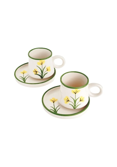 2 Li Takım Sarı Çiçek Desenli El Yapımı Kazan Seramik Kahve Fincanı, Kahve Fincanı Beyaz