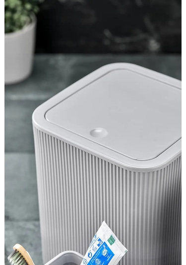 Line 5 Parça Kare Banyo Seti - Çöp Kovası Wc Fırçası Sıvı-katı Sabunluk Diş Fırçası Gri