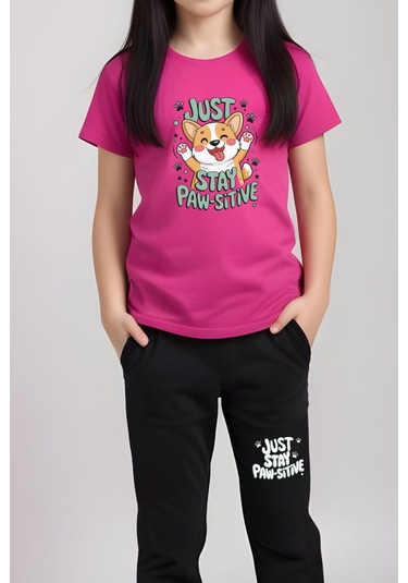 Just Stay Paw Baskılı Kız Çocuk Tişört Ve Eşofman Alt-üst Takım Fuşya