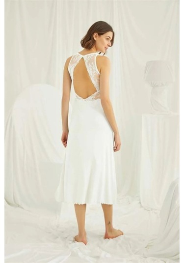 Monamise 18533 Kadın Sırt Dekolteli Kalın Askılı Yırtmaçlı Gecelik-ekru Ekru