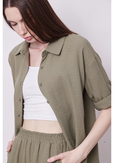Kadın Keten Düşük Omuzlu Yakalı Kapri Kol Apoletli Gömlek -haki Haki