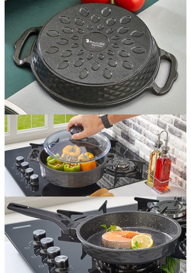 Polochef Kristal Granit 3'lü Tencere Tava Sahan Seti 4 Parça Siyah