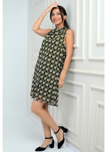 Kadın Degaje Yaka Astarlı Desenli Kısa Şifon Elbise-41737 Haki