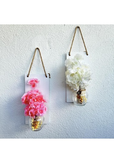 Led Işıklı, Pembe Ve Beyaz Bahardalı Çiçekli Duvar Dekoru Beyaz İkili Set Beyaz