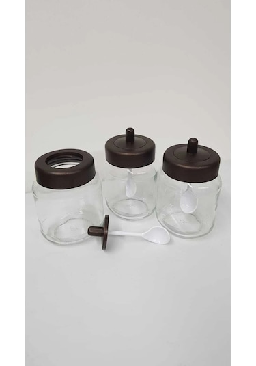 3 Adet Mat Kapaklı Kendinden Kaşıklı Baharatlık Seti - 330 Ml - Cam Kavanoz ŞEffaf
