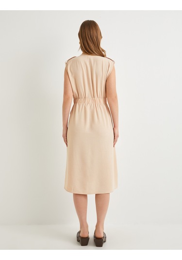 Koton Midi Gömlek Elbise Beli Kuşaklı Düğmeli Cepli Apoletli Bej 4sak80001pw Ekru