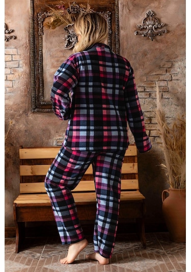 Sonbahar/kış Welsoft Polar Düğmeli Ekose Desenli Kadın Büyük Beden Pijama Takımı P200127-lacivert Lacivert