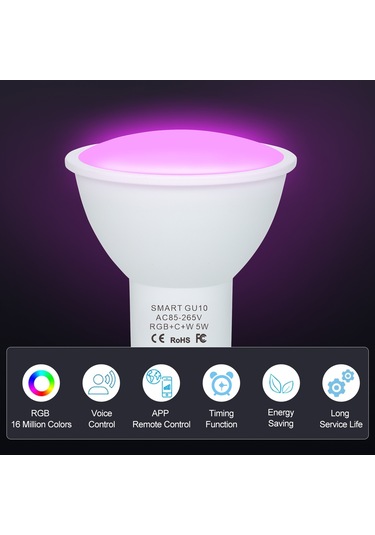 Qingmipy Zigbee Akıllı Led Ampul Gu10 5w - Rgb+cw+ww Renkli, Ses Ve Uygulama Kontrollü, Parlaklık Ayarlı, 85-265v Beyaz