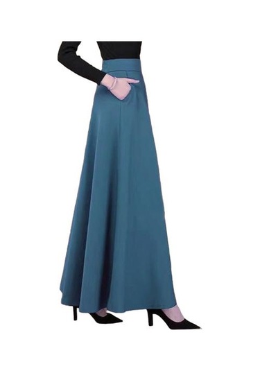 Kadın Maxi Etek Elastik Yüksek Bel Büyük Etek A Kesim Uzun Etek Cepli Düz Renk Ofis Mavi