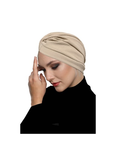 Çapraz Fitilli Penye Bej Hazır Türban Tesettür Havuz Bonesi Bej