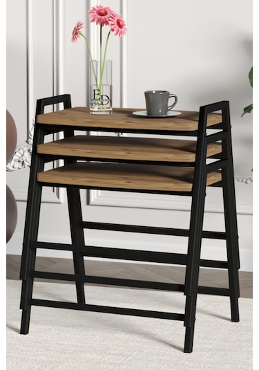 Zigon Sehpa , Aden 3'lü Tepsi Zigon Sehpa Takımı Siyah Metal - Atlantik Çam Tabla Siyah-atlantik Çam