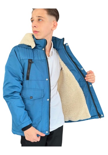 Erkek Çocuk Fermuar Torba Cepli Fermuar Çıtçıt Kapamalı Peluş Astarlı Kapüşonu Çıkabilen Mavi Mont Mavi