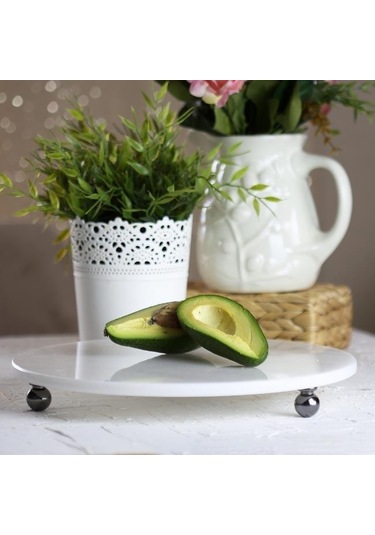 Akayev Mermer Beyaz 30 Cm Füme Boncuk Ayaklı Yuvarlak Sunumluk