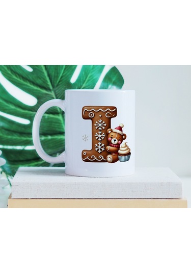 I Kurabiye Harf Ve Ayıcık Detaylı Kupa Bardak - Yeni Yıl / Yılbaşı Temalı Tasarım - Noel Hediye Beyaz