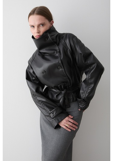 Siyah Düğmeli Kuşaklı Deri Ceket - 509261 Siyah