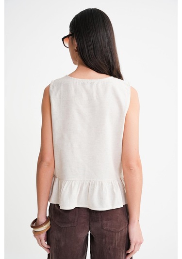 4717 Kadın Önü Bağcıklı Fırfırlı Kolsuz Keten Bluz Naturel Naturel