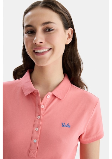 Ucla Shaver Pembe Polo Yaka Nakışlı Standard Fit Kadın Tshirt Pembe