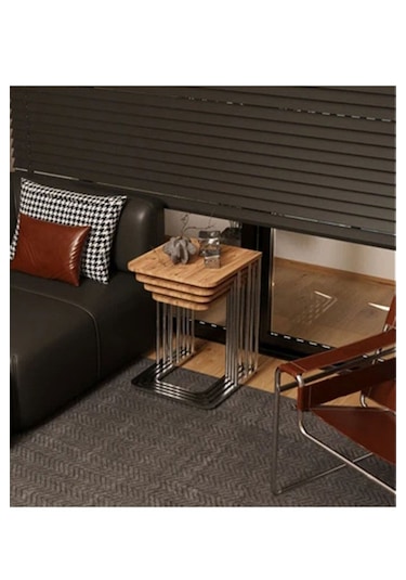 Tekerlekli Gümüş Ayaklı 4 Lü Zigon Sehpa Takımı, Yan Sehpa, Çay Sehpası Servis Sehpası - Kahverengi Kahverengi