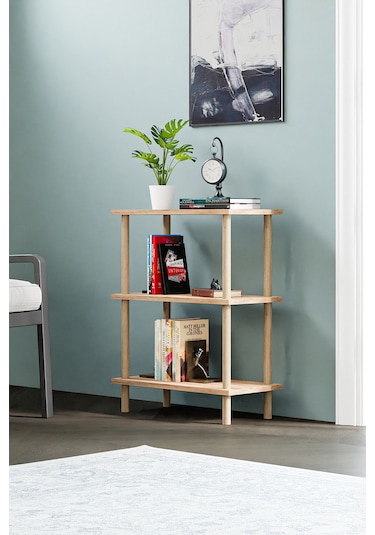 Dekoratif 3 Raflı Ahşap Ayaklı Kitaplık Yan Sehpa Atlantik Çam