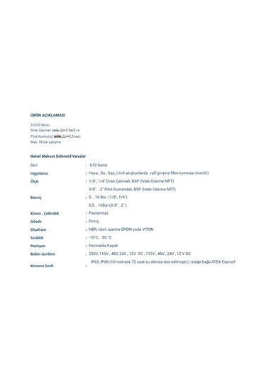1/2" Normalde Kapalı Solenoid Valf 0,5 - 16 Bar Tork S1010.03.145