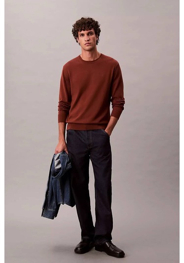 Calvin Klein Erkek Regular Kalıp Supima Pamuklu Triko Kazak - Kiremit Cherry Mahogany