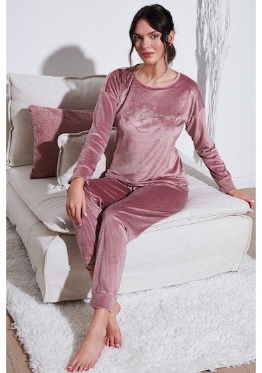 Lela Regular Fit Yumuşak Dokulu Kadife Bayan Pijama Takımı 6094200W4 Pudra