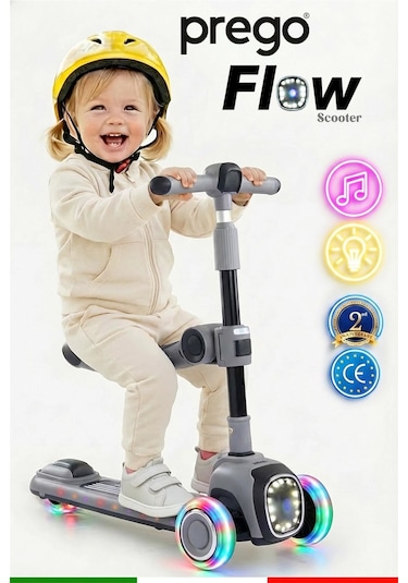 Prego Flow Müzikli Işıklı Oturaklı Scooter Gri K604 Gri