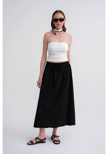 4633 Kadın Yandan Cepli Parçalı Etek Siyah Siyah