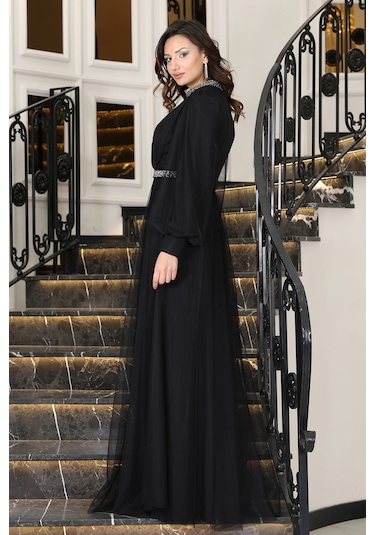 Senna Taş Detaylı Büyük Beden Şık Tesettür Abiye Siyah