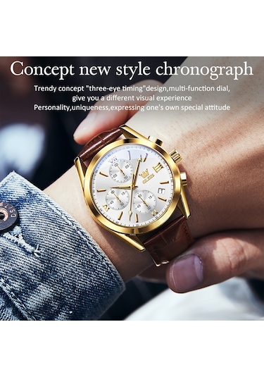 Olevs 2872 Erkekler Üç Göz Altı İğne Kronograf Su Geçirmez Kuvars Saat Beyaz + Altın