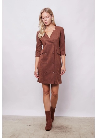 Kadın Kadife Likralı Yumuşak Dokulu Kruvaze Kapri Truvakar Kol Kolu Yırtmaçlı Ofis Ceket Elbise-fındık Kabuğu Fındık Kabuğu