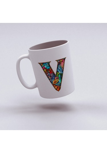 V Harfi Bardak 330 Ml İsme/harfe Özel Hediye, Renkli Harf Tasarım Beyaz