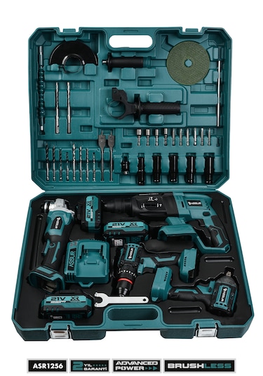 Assur ASR1256 21V 4'lü Set Taşlama + Somun Sıkma Sökme + Akülü Vidalama + Kırıcı Delici Hilti Mavi