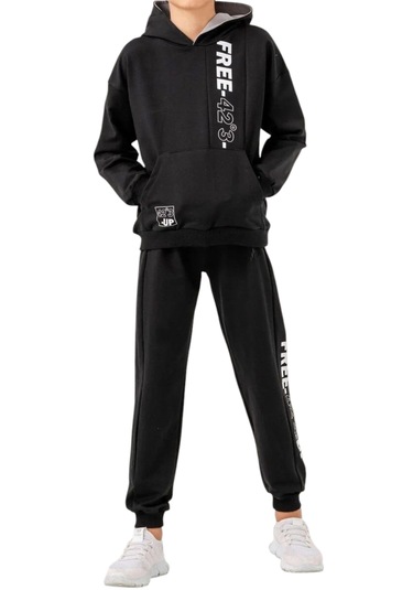 Erkek Çocuk Free Koordinat Yazılı Kapüşonlu Kanguru Cepli Siyah Renk Eşofman Takımı Siyah