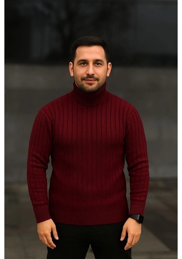 Erkek Fitilli Triko Kazak 2'li Set Bordo Siyah Regular Balıkcı Yaka Tam Boğazlı Triko Seti Modeli Ka Bordo Siyah