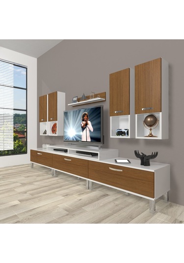 Decoraktiv Ekoflex 8da Slm Krom Ayaklı Tv Ünitesi Tv Sehpası Beyaz - Ceviz