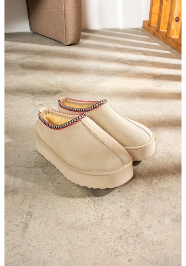 Nstil U50 Desenli Yüksek Kalın Taban İçi Kürklü Süet Kısa  Günlük Hafif  Kadın Bot Bootie - Bej