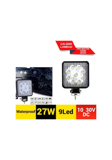 Carub Çalışma Lambası 10-30v 27w Off Road 9 Led Kare Siyah