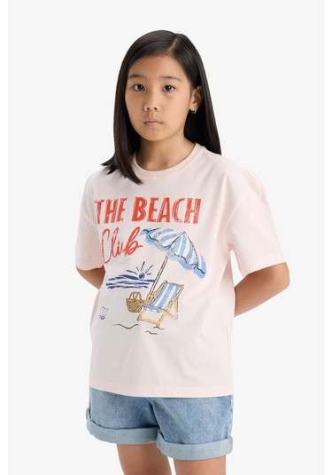 Defacto Kız Çocuk Relax Fit Palmiye Baskılı Bisiklet Yaka Kısa Kollu Tişört E0389a825smpn447 Pembe