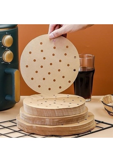 100 Adet Air Fryer Pişirme Kağıdı Tek Kullanımlık Hava Fritözü Yuvarlak Delikli Model -m11 Kahverengi