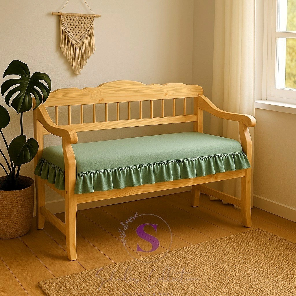 El Yapımı Buldan Yıkanmıs Keten 4 Tarafı Fırfırlı Minti Yeşili Bank Minderi 110x50x5cm Yeşil