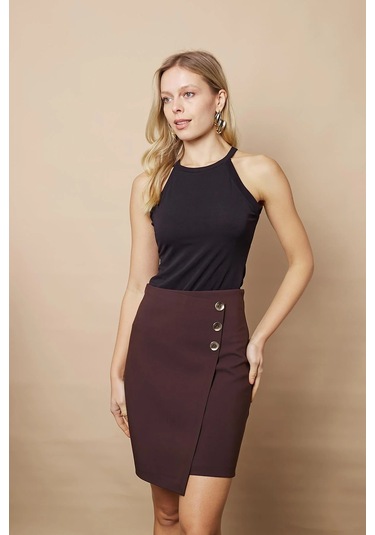 Kadın Arkadan Fermuarlı Düğme Detaylı Hafif Likralı Kumaş Diz Üstü Kalem Etek-kahve Kahve