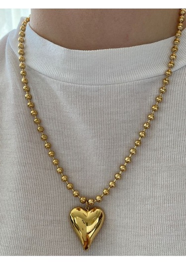 Kadın Sıralı Toplu İri Kalp Çelik Kararmaz Gold Kolye